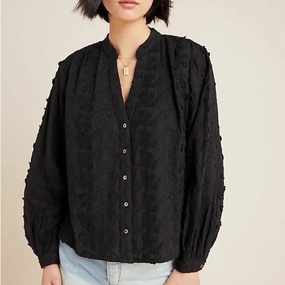 Anthropologie Seen Kept Worn Textured Black Blouse
